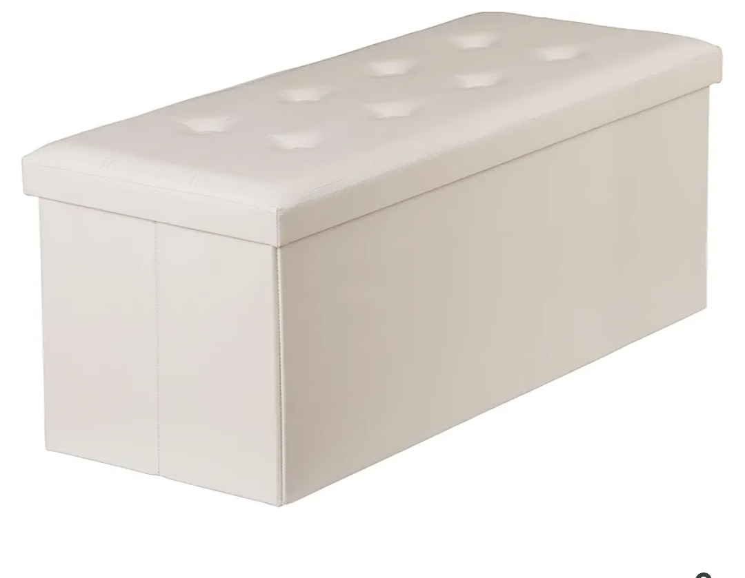 JupiterForce 43 Inches Folding Storage Ottoman Bench, Faux Leather Ottoman Footrest Bench with Storage&Padded Seat for Living Room, Bedroom, Entryway, Holds up to 660lbs, Beige
