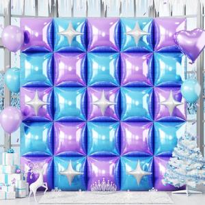 32PCS Blue and Purple Square Foil Balloons Wall with Star Foil Balloon, Double Sided Frozen Snowflake Light Purple Blue Balloon Backdrop Tunnel Arch Kit for Winter Birthdays Under the Sea Theme Decor