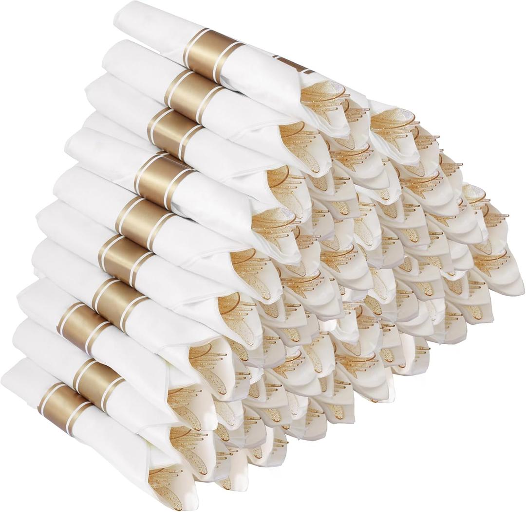 Goodluck 50 Pack Pre Rolled Gold Glitter Plastic Silverware, Wrapped Cutlery Set with Napkin Include 50 Forks, 50 Knives, 50 Spoons and 50 Napkins, Fancy Disposable Silverware for Party, Wedding