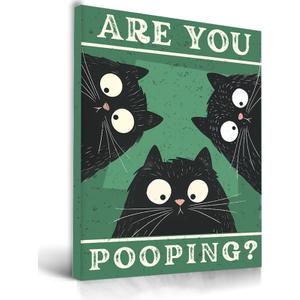 UPWOIGH Funny Are You Pooping Black Cat Bathroom Wall Art, 3 Cats Humor Quote Poster, Green Background Bathroom Decor, Wood Framed Canvas 12x16 Inch