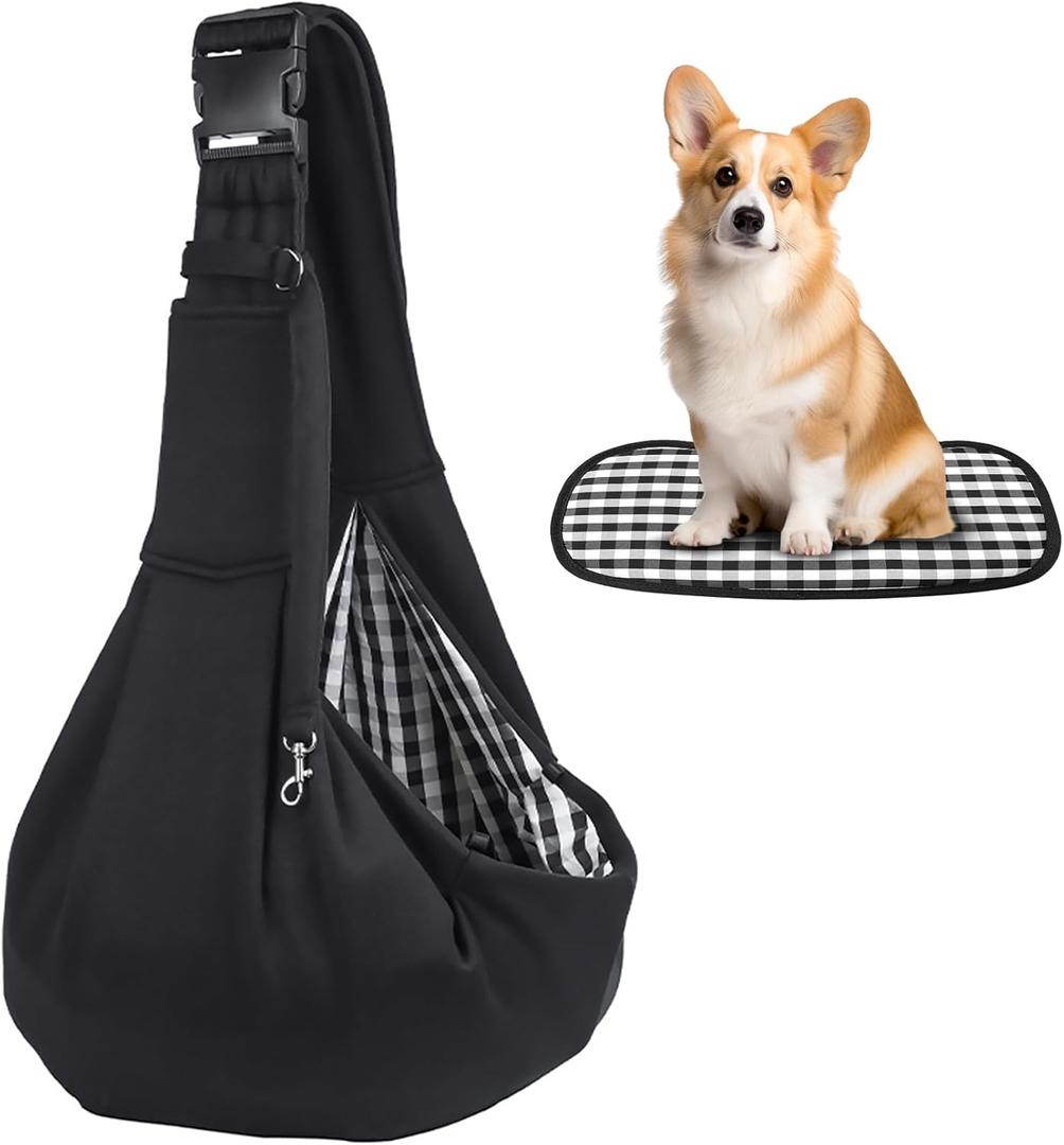 Kanemc Small Dog Sling Carrier Include Bottom Support, Puppies Cat Wrap Carrier Sling Adjustable Strap Zip Pocket, Hands Free Pets Pack for Outdoor Travel Vet (Black)