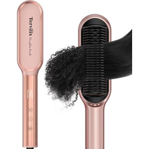 Terviiix Hair Straightener Brush Rose Gold - Ionic Anti-Frizz Hair Straightening Comb with MCH Heater, 13 Heat Settings, Fast Heating 20S, Dual Voltage, for Smooth & Shiny Hair