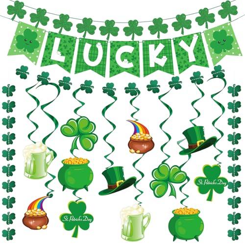 St Patricks Day Decorations, Pre-Assembled Lucky Banner with Shamrock Garland, Clover, Leprechaun Hat and Hanging Swirls, Irish Saint Patrick Day Party Decor & Supplies
