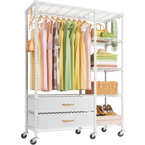 Ulif F3R Heavy Duty Clothes RackWith Lockable WheelsFreestanding Clothing Racks for Hanging ClothesAdjustable Closet Organizer SystemPortable Garment Rack 40"W x 15"D x 74"HMax Load 700LBSWhite