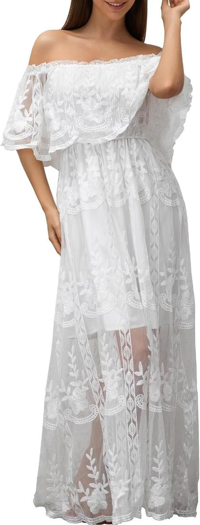 HOYISHION Women's Off The Shoulder Floral Lace Maxi Dress White Bridesmaid Wedding Party Maternity Photoshoot Long Dresses 2XL