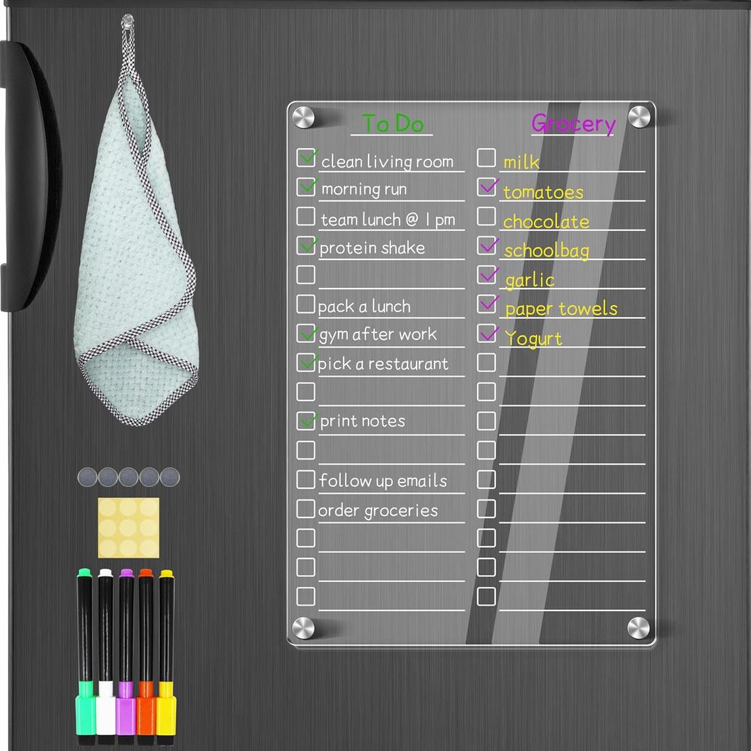 Acrylic Magnetic Dry Erase Board for Fridge, 12"X8" Clear Magnetic to Do List White Board, Acrylic Dry Erase to Do List for Refrigerator, Magnet Whiteboard with 5 Markers