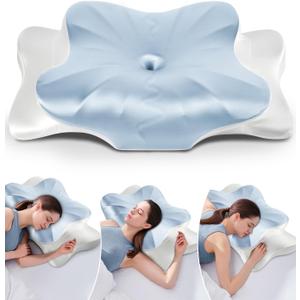 DONAMA Cervical Pillow for Neck and Shoulder,Contour Memory Foam Pillow,Ergonomic Neck Support Pillow for Side Back Stomach Sleepers with Pillowcase-King Size (King Size 27.56"Lx16.54"Wx5.51"H, Ice Silk Blue)