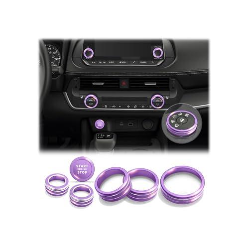 Polodunn for 2026 2025 2024 2023 2022 2021 Nissan Rogue Accessories with 8" Screen, 7pcs Aluminum Alloy Trim Set - A/C, Volume Tune & 4WD Knob Cover, Push Start Button Cover/Ring (Purple)