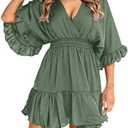 Aoysky Womens V Neck Casual Dresses Summer Loose High Waist Ruffle Pleated Cute Mini Short Dress (No Size)