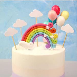 Rainbow Cake Toppers Set, 12 Pcs Pastel Rainbow Clay Cupake Topper with Cloud Balloon for Girl Boy Kids Wedding Birthday Party Decorations