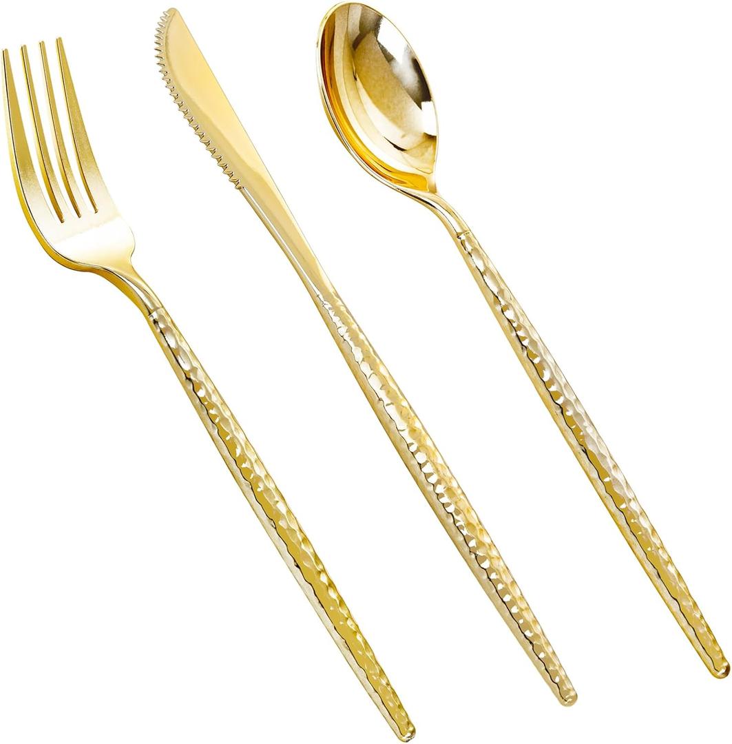 Rubtlamp 90 Pcs Gold Plastic Silverware - Gold Disposable Utensils - Hammered Plastic Silverware - Gold Plastic Forks And Spoons Set Include 30 Forks, 30 Knives And 30 Spoons for Party/Wedding