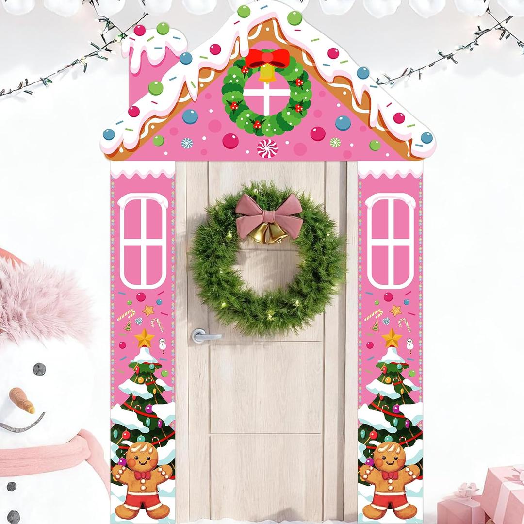 Christmas Pink Gingerbread Porch Banner Gingerbread Man Door Hanging Banner Xmas Candy Backdrop Winter Backdrop for Holiday Classroom Home Office Indoor Outdoor Party Supplies