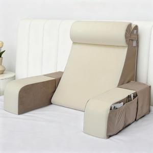 Vekkia 21" Reading Pillow for Sitting Up in Bed, 60 Ergonomic Wedge Back Pillow with Multi-Density Foam for Comfortable Support, XL Side Pockets, Bed Chair for TV, Gaming, Working, Nursing & Recovery (21" Height(4'11"-5'11"), Beige/Camel)