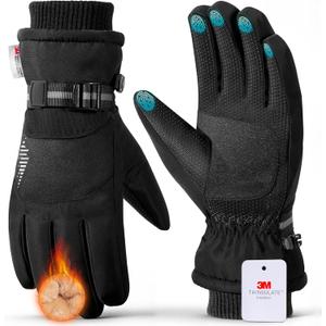 rivmount Winter Waterproof Ski Snow Warm Gloves for Women Men, Windproof Cold Weather Thermal with Touchscreen Fingers, for Running Driving Cycling Hiking Biking Outdoor Sports Daily Work (Large, Pirate Black)