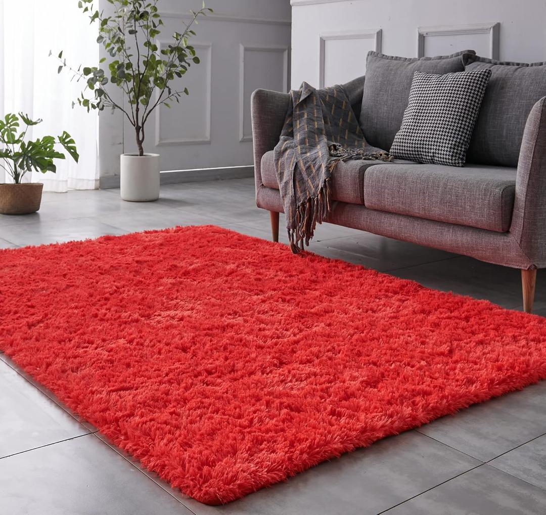 TABAYON Luxury Shag Area Rug, 3x5 Feet Red Rectangle Plush Fuzzy Rugs, Non-Slip Shaggy Furry Carpets for Bedroom