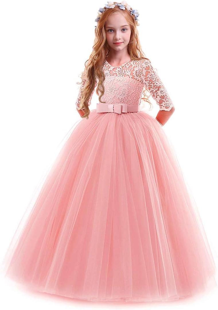 Girls Flower Vintage Floral Lace 3/4 Sleeves Floor Length Dress Wedding Party Evening Formal Pegeant Dance Gown (5-6 Years, Pink)