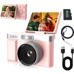 Kids Digital Camera FHD 1080P Digital Camera for Kid with 32GB Card,2'' Flip 180 Screen with Support for Selfie Vlog Cam,Compact Camera with Flash,Birthday for Kids Boys Girls.