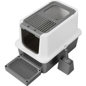 RIZZARI Large Cat Litter Box: Dark Gray Semi-Enclosed Stainless Steel Litter Box with Raised Edges - Anti-Leakage Odorless - Litter Pan for Small to Large Sized Cats in Bedroom Living Room, Size: 24"L*16"W*18"H