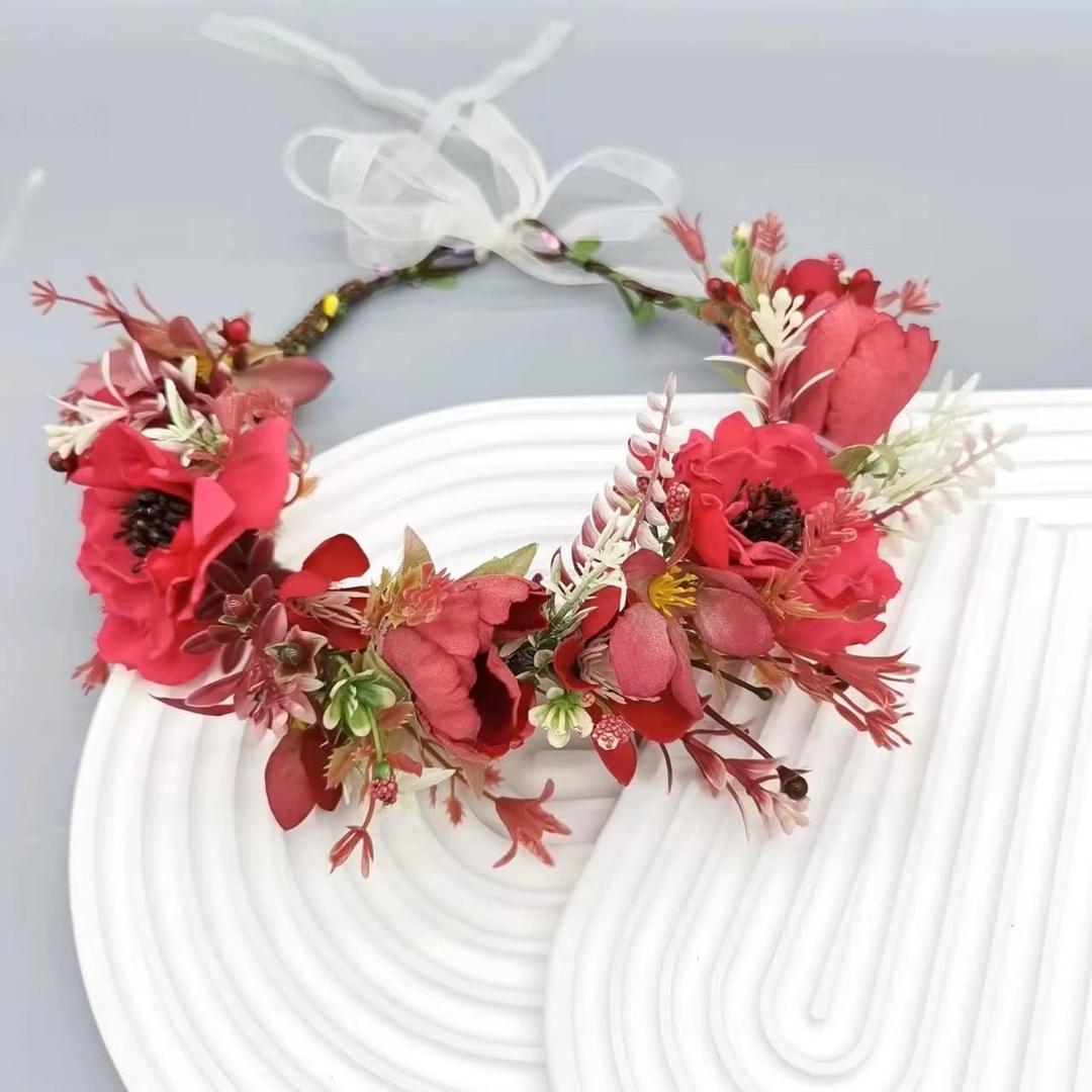 yuruyi Flower Crowns for Women，Headband Hair Wreath Wand for Wedding Festival Adjustbale Floral Headpiece Shoot Props Floral Crowns for Women (Red, Adjustable)