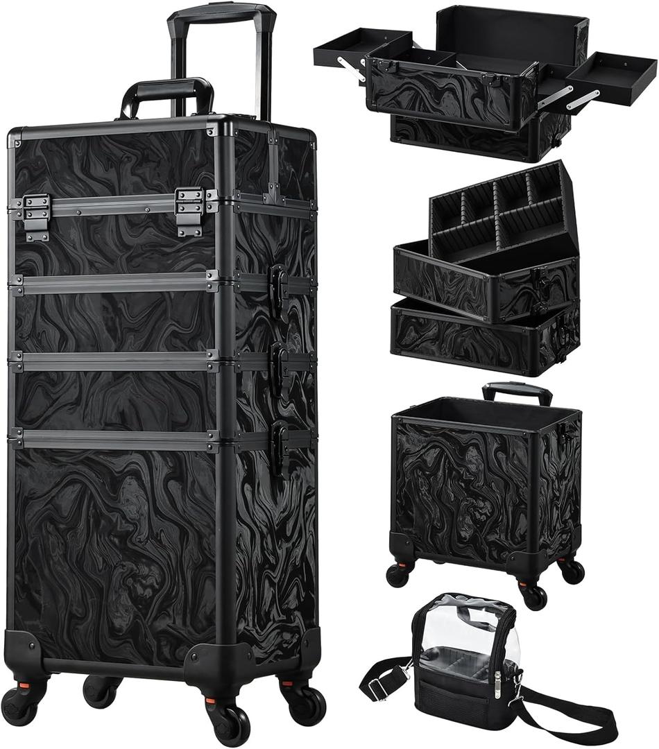 Stagiant Rolling Makeup Case 4 in 1 Cosmetology Case on Wheels Makeup Travel Case with Cosmetic Bag Key Swivel Wheels Salon Barber Case Traveling Cart Trunk Cosmetic Trolley Alpine Black