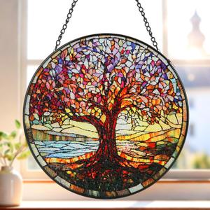 Stained Glass Window Hanging, 8 Inch Tree of Life Stained Glass Suncatchers for Indoor Windows Wall Kitchen Home Room Decor Ornaments Gifts for Women Mom Grandma Birthday Mother's Day