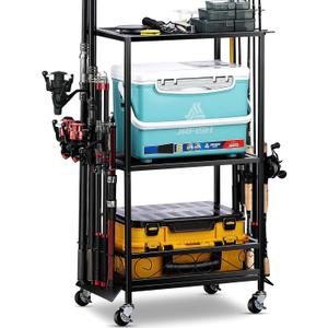 Fishing Rod Holder - Fishing Pole Rack for 10 Rods - Adjustable Height Fishing Gear Equipment Organizer Storage Solution for Garage Basement or Indoor (Small Black)