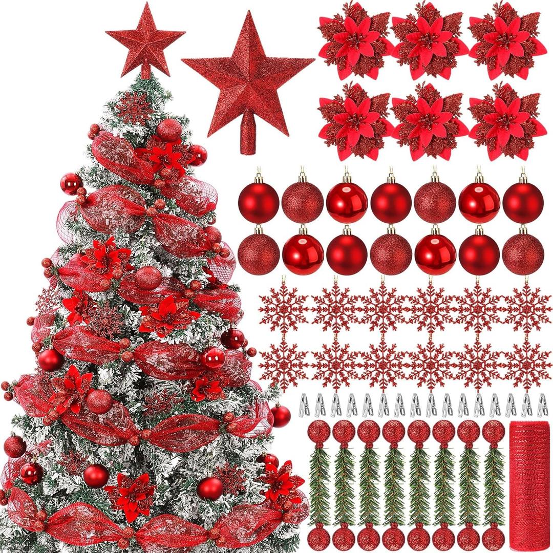 75 Pcs Christmas Tree Decoration Set Gift Christmas Ball Ornament Star Tree Topper Glitter Poinsettia Flowers Hanging Snowflakes Mesh Ribbon Bendable Ties for Xmas Holiday Party(Red)