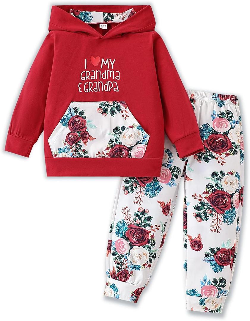 2PC Girls Clothes Girl letter and Floral print Hooded Set, letter print Top +Floral print Pants Set (Red, S)