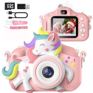 Kids Camera for 3-8 Years Old Toddlers Children's Boys Girls Selfie Camera 20 MP HD 1080P IPS Screen Dual Digital Toy Camera for Kids Christmas Birthday Gifts with 32Gb Card (Pink White-Unicarn)