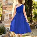 GRACE KARIN Girls Sequin Dress One Sleeve Formal Pageant Prom Party Special Occasion Dresses Size 5-14 (Blue, L)