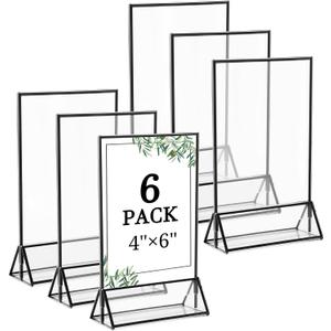 Floroom 6 Pack 4x6 Inch Clear Acrylic Sign Holders, Double-Sided Black Display Stand Picture Frames for Table Numbers, Menus, Flyers, Weddings, and Offices