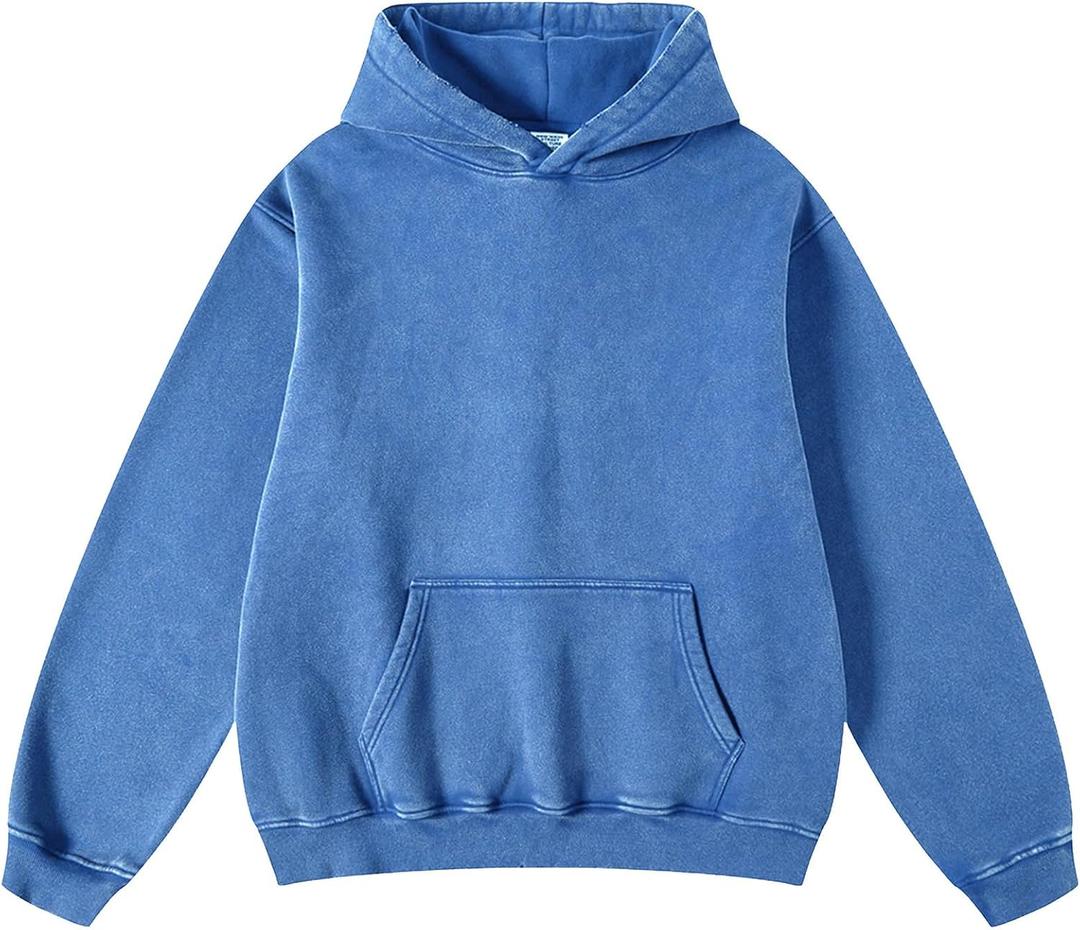 Iwing Mens Womens Oversized Acid Wash Hoodie Sweatshirt Heavyweight Fleece Hoodies Unisex Vintage Washed Sweatshirt 2025 (Small, Blue)