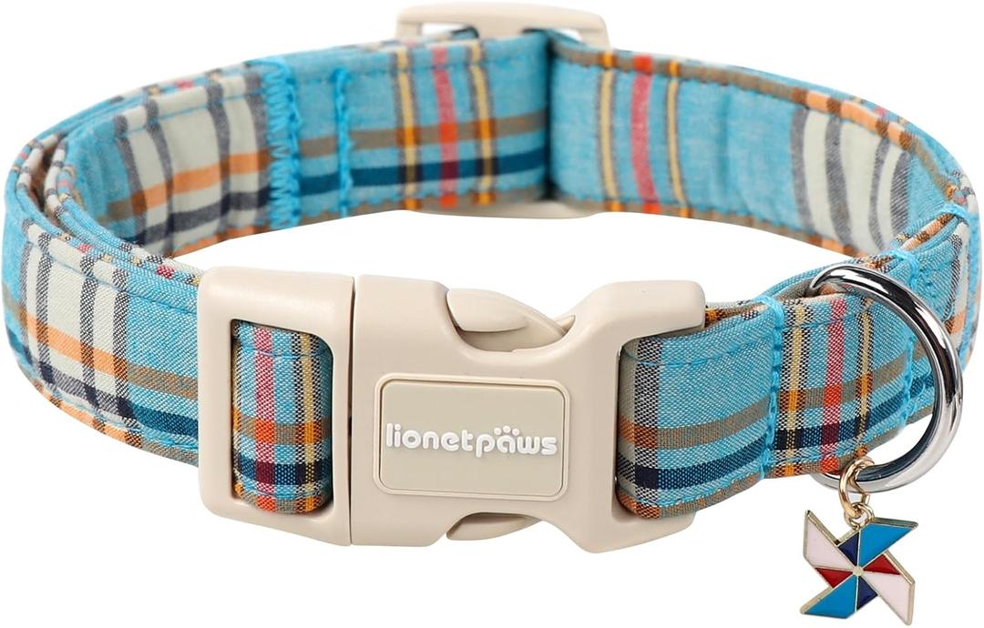 Lionet Paws Boy Dog Collar- Cute Blue Plaid Dog Collars with Plastic Buckle, Light Adjustable Dog Collars for Medium Dogs