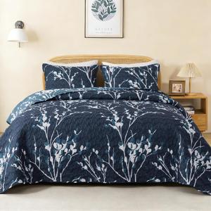 Queen Quilt Bedding Set, 3 Pieces Navy Floral Bedspread | Reversible Lightweight Flower Quilted Coverlet (96x90 Inch) with 2 Pillowcases for All Seasons