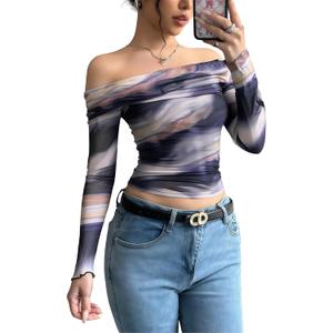 YOINS Women Off Shoulder Mesh Long Sleeve Tops Sexy Sheer See Through Shirts (Medium, Gray Blue Tiedye)