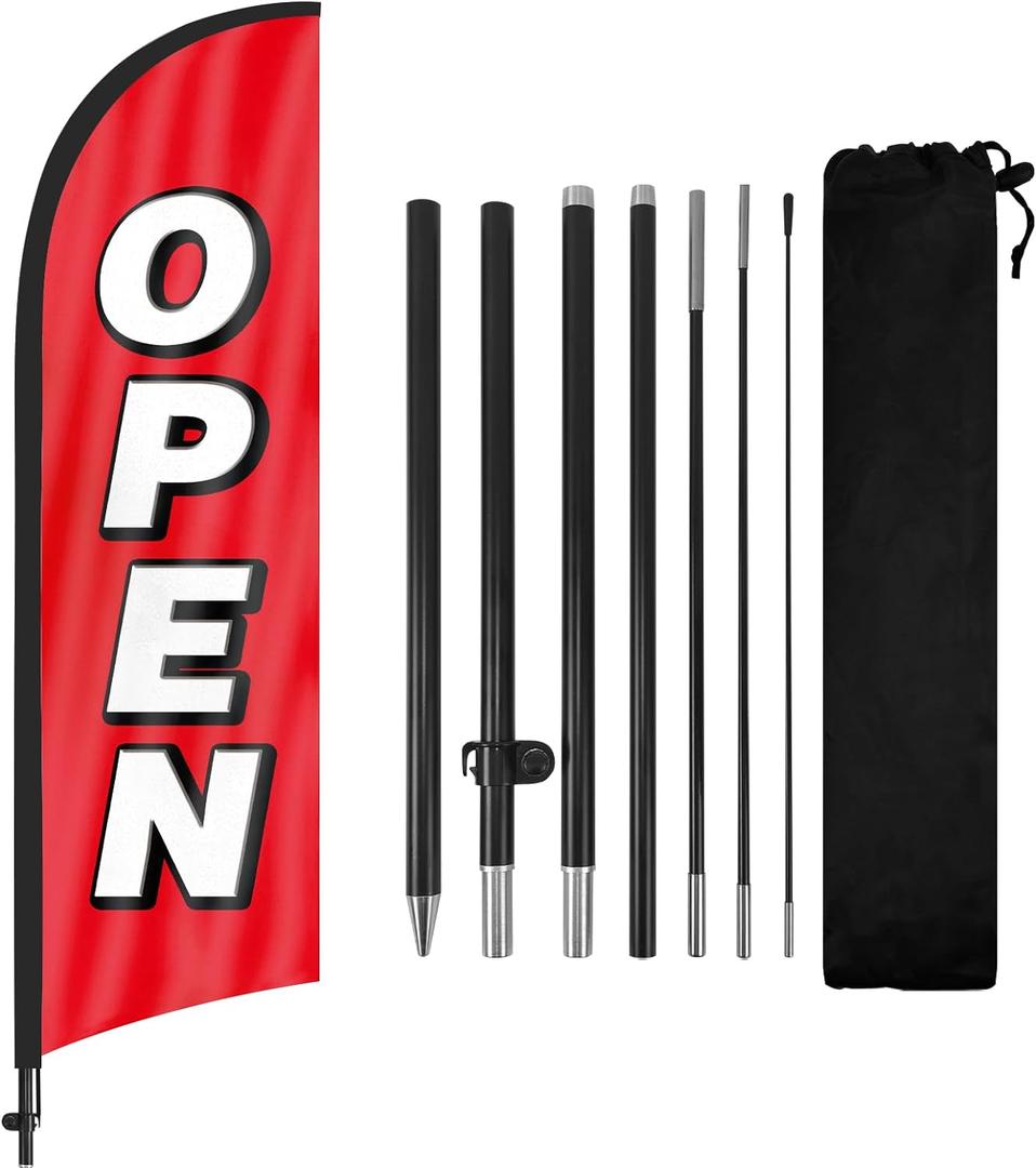Feather Flag for Business with Pole and Ground Stake - 8ft Open Sign Advertising Banner