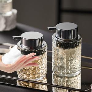 Foaming Soap Dispenser 2 Pack, Foam Hand Soap Dispenser for Bathroom Kitchen Liquid Refillable Clear Glass Bottles with Silver Pump(Diamond Pattern-Clear)
