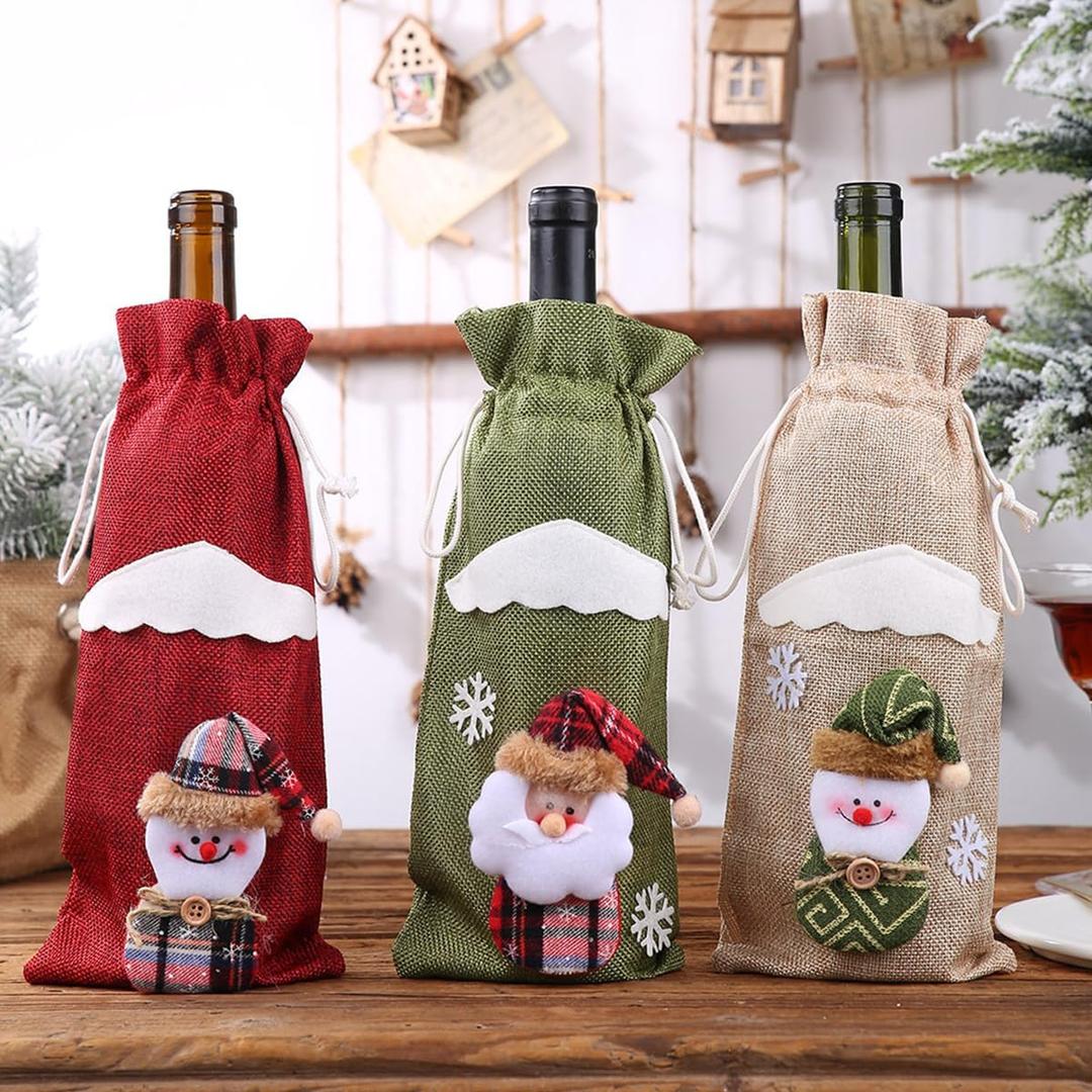3Pcs Christmas Wine Bottle Bags Burlap Cute Wine Bottle Cover with Drawstring Santa Claus Snowman Cartoon Decorative Bottle Gift Bags for Xmas Holiday Dining Table Decoration Party
