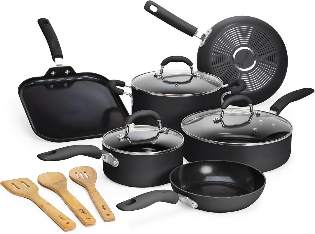 Goodful Ceramic Nonstick Pots and Pans Set, Premium Ceramic Coating Made without PFOA, PTFE or PFAS, Dishwasher Safe, 12-Piece, Charcoal Gray, 12-Piece Nonstick Cookware Set