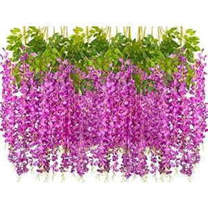 AITISOR 24 Pack Artificial Fake Wisteria Vine Ratta (3.75 Feet) Hanging Garland Silk Flowers String Home Party Wedding Decor(Purple)