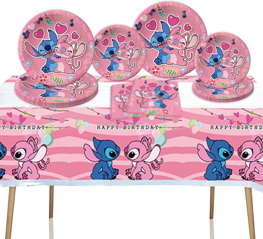 41PCS Pink Stitch Party Set 20 Plates, 20 Napkins & 1 Table Cover. Perfect for Stitch-Themed Birthdays! Features Cute Pink Stitch Prints, Durable Plates, and Easy Cleanup. Ideal for Kids Parties!