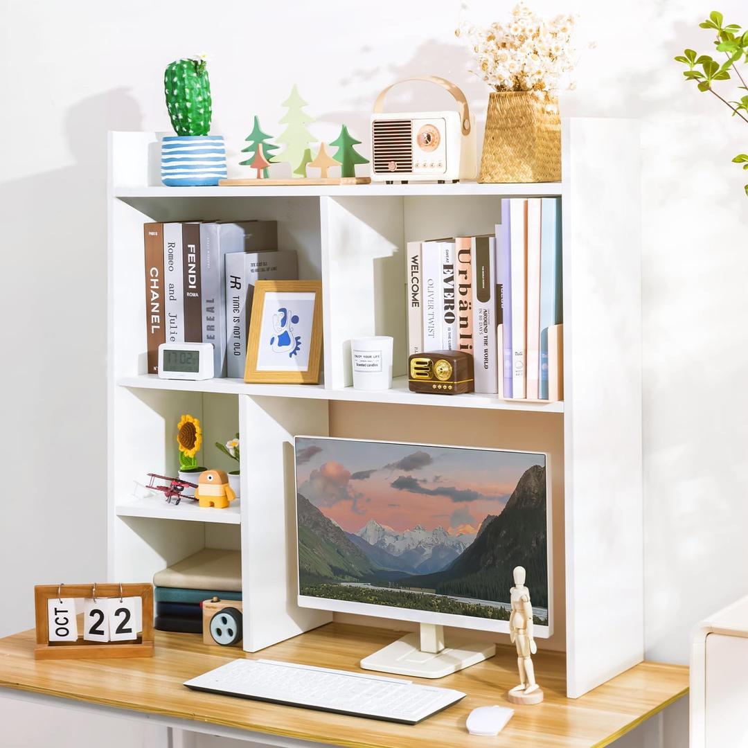 deli Desktop Shelf, Desk Hutch with 5 Shelves for Computer Desk, Desktop 3-Tier Display Rack, Multipurpose Wood Desktop Bookshelf Storage Organizer for Dorm Office Home