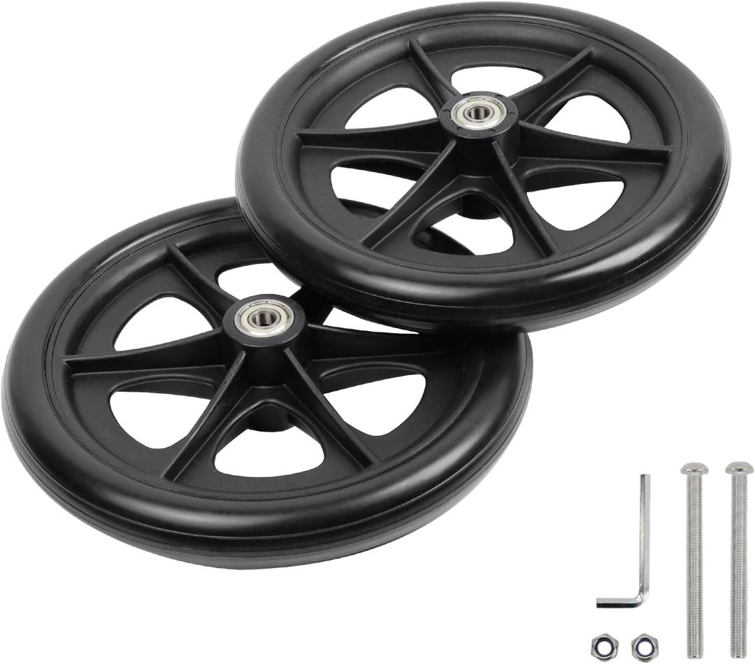 2Pcs Rollator Wheel Replacement 7.6" Walker Anti-Slip Black Nylon & PVC Wheel with 95mm Screws & L-Wrench
