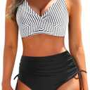 Aqua Eve Women High Waisted Bikini Twist Front Swimsuits Lace up Bikini Tops Ruched Push up 2 Piece Bathing Suits, S
