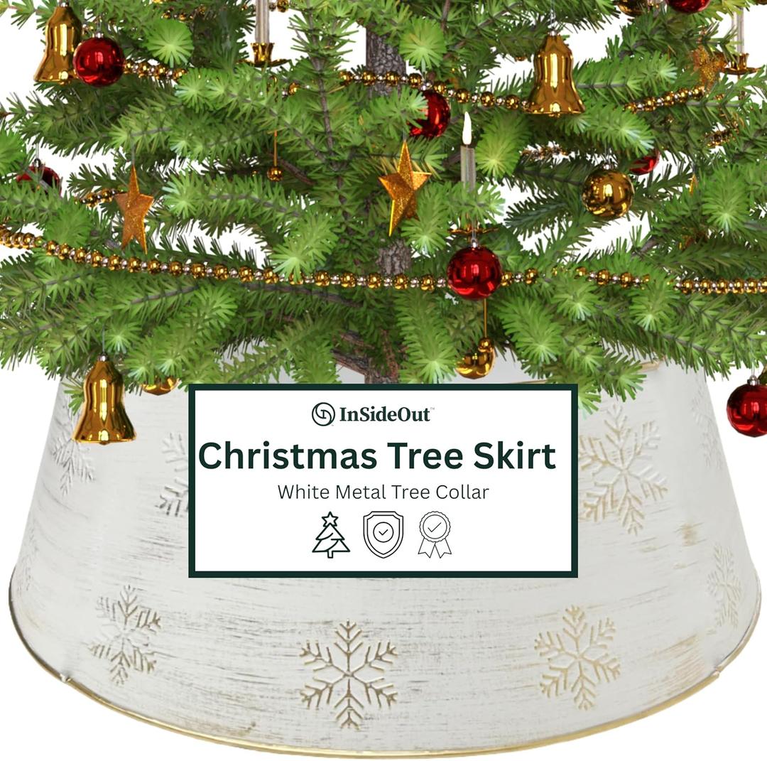 Snowflake White Christmas Tree Collar, Holiday Tree Skirt Alternative, Christmas Decorations for Tree, Decorative Metal Tree Ring, Fits Most Standard Tree Stands, White Snowflake Design