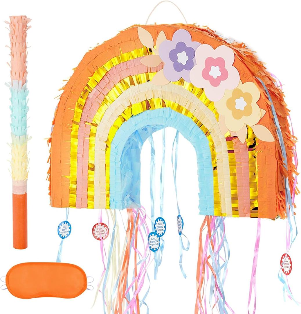 WERNNSAI Foldable Rainbow Pinata - Rainbow Pull String Pinata with Blindfold and Bat for Bundle Piata Boho Theme Birthday Baby Shower Party Decoration Carnival Party Games Supplies 16.4" x 12.3"