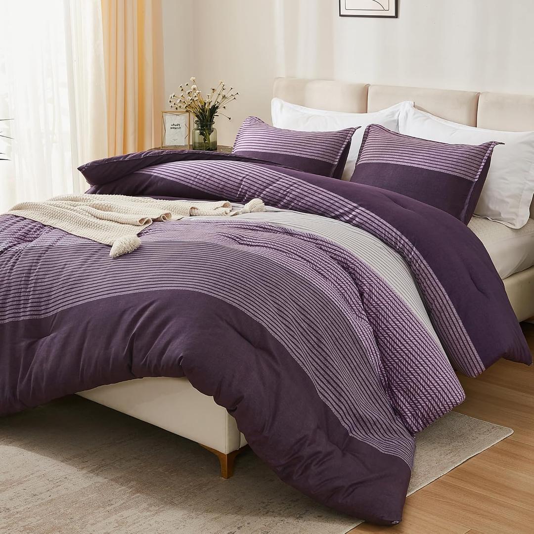 Litanika Purple King Comforter Set, 3 Pieces Striped Bedding Set, Lightweight Soft All Season Down Alternative Comforter Set with Corner Loops (1 Gray&Purple Comforter, 2 Pillowcases)