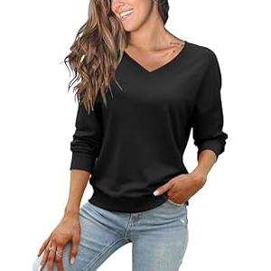 FMEYOA Womens Black Sweatshirts V Neck Long Sleeve Lightweight Loose Fall Spring Basic Shirts Tops (Black, XX-Large)