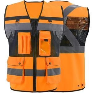 ZUJA Safety Vest High Visibility - ANSI/ISEA Standards Pockets and Mesh Lining Reflective Vest for Men & Women (Orange, S)