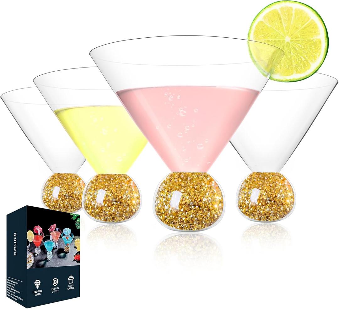 Stemless Martini Glasses Set of 4, Bling Cocktail Glasses with Sparkle Ball Base, Fancy Ultra-thin Margarita Glassware, Hand Blown Crystal Cup for Parties, Birthdays, Gift, Bar, Dessert (Gold)